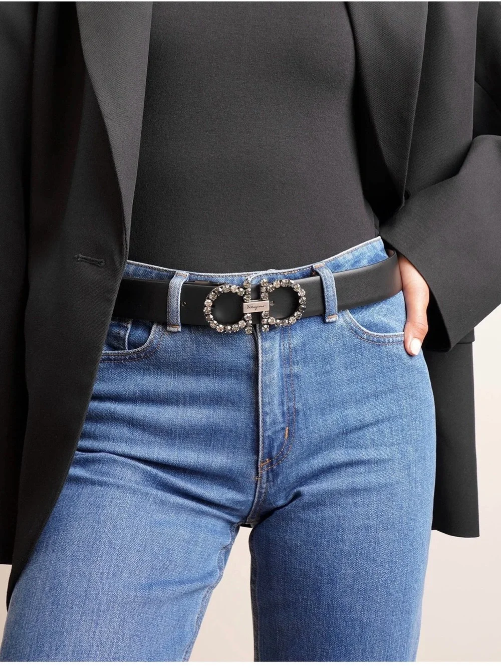 Salvatore Ferragamo Black Leather Belt with Crystal Double Gancini Buckle - Picture 2 of 7